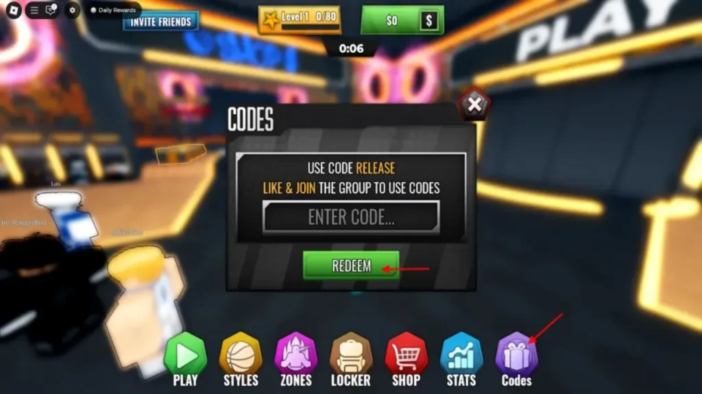 Basketball Zero codes - Codes menu with Enter Code text box