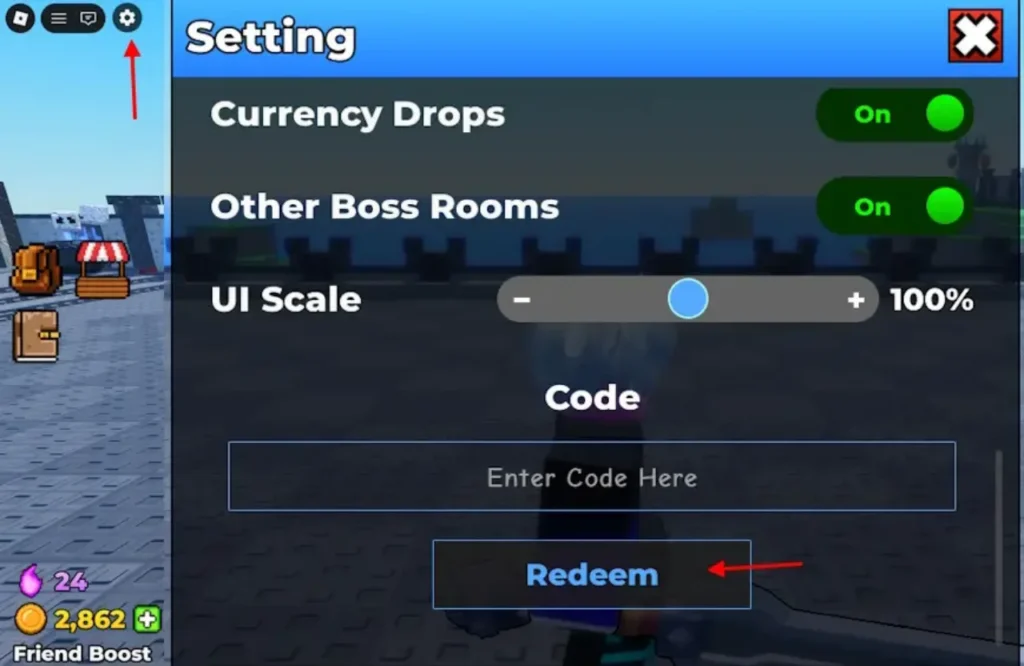 Be the Final Boss Settings menu Codes section on Roblox