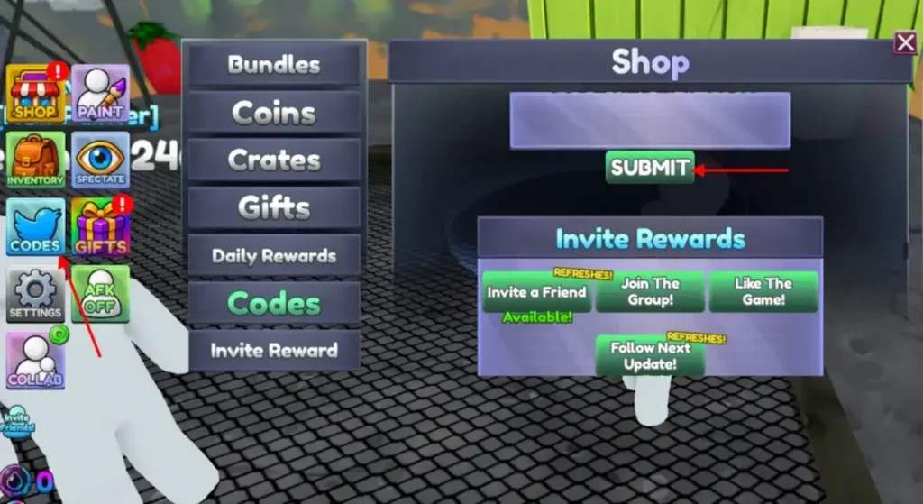 Chameleon codes — how to redeem in the Codes button menu