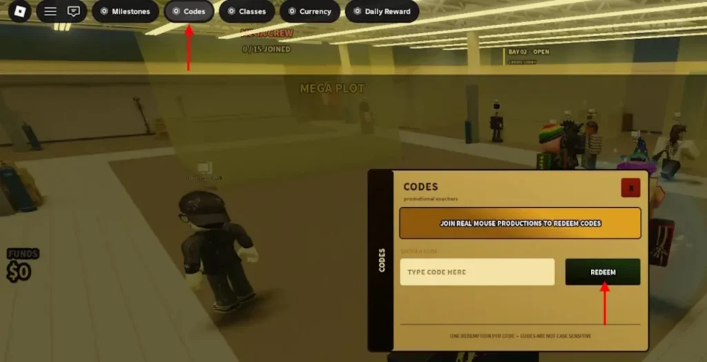 Complex Furnishings Codes button and redeem input box on Roblox