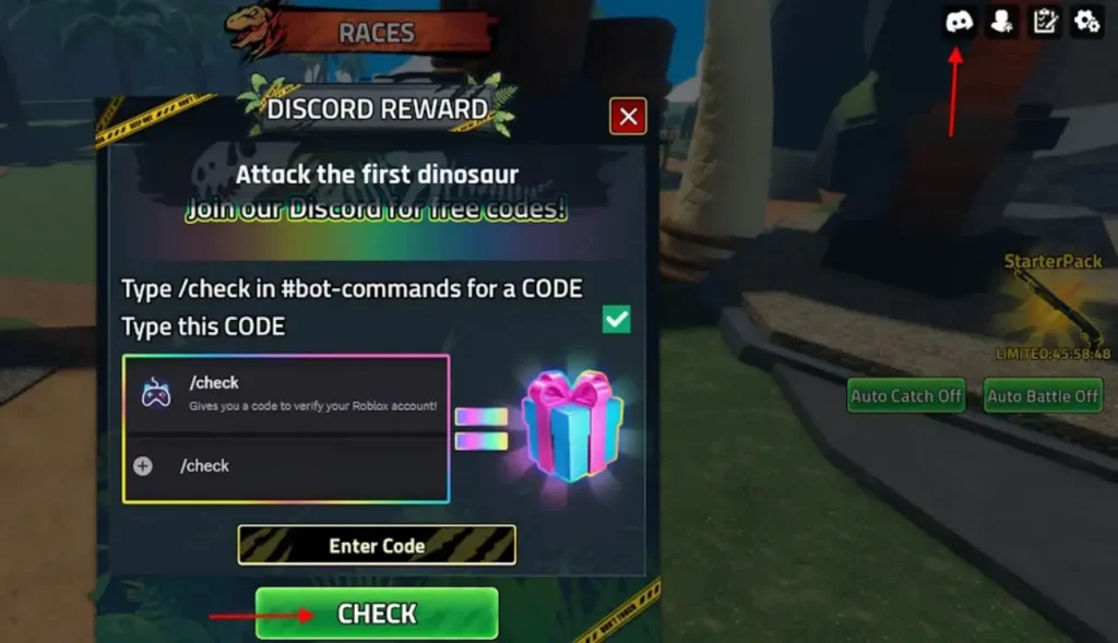 Dino Hunters Discord icon location for entering redeem codes