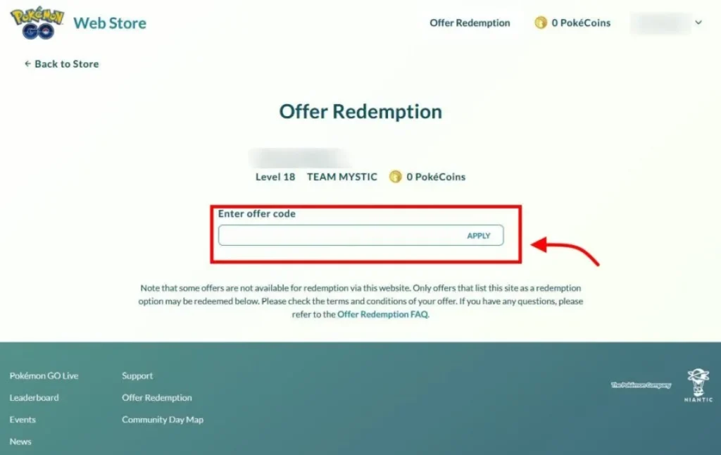 Pokemon GO web store code redemption entry screen