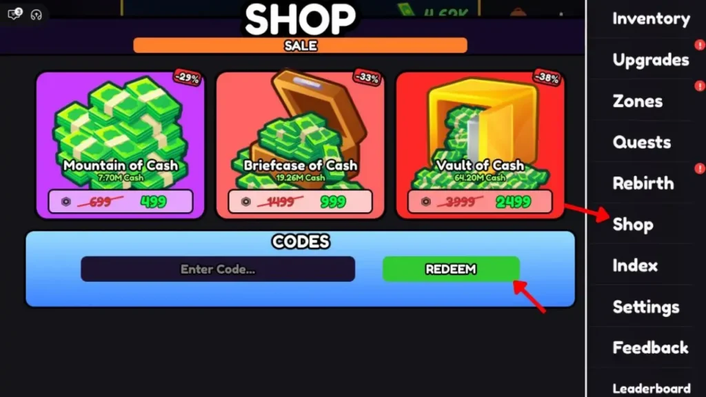 Ball Game - Shop menu Enter Code field