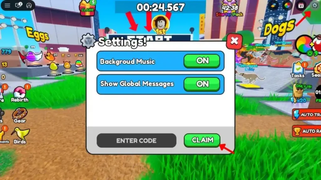Dog Race Roblox codes menu showing where to enter active codes