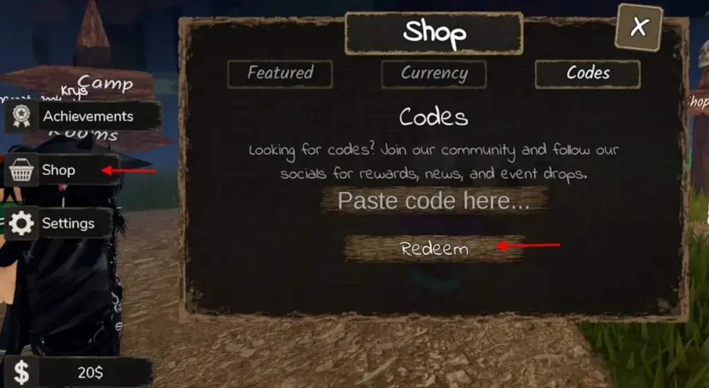 Nightfall codes - Shop menu Codes tab redemption screen