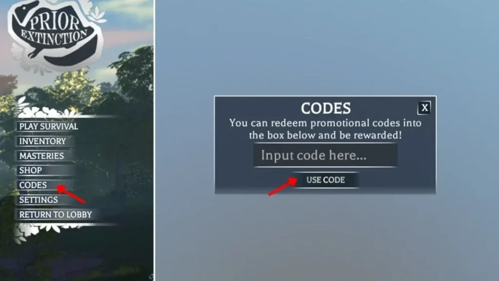 Prior extinction code redeem box page