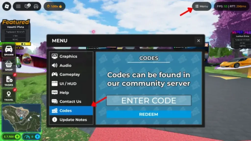 Realistic Car Driving codes — how to redeem in the Codes tab
