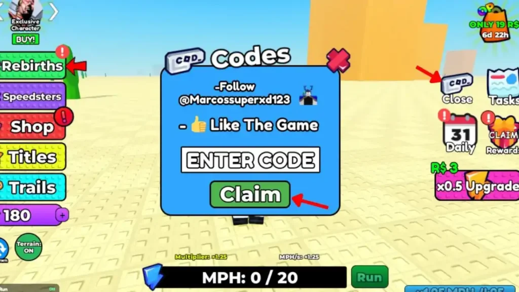 Speedsters Infinite Roblox - Codes button and redemption box