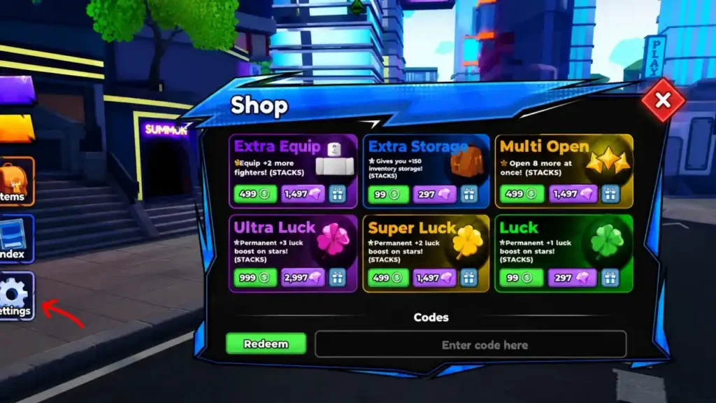Anime Duelists - Settings menu code entry box