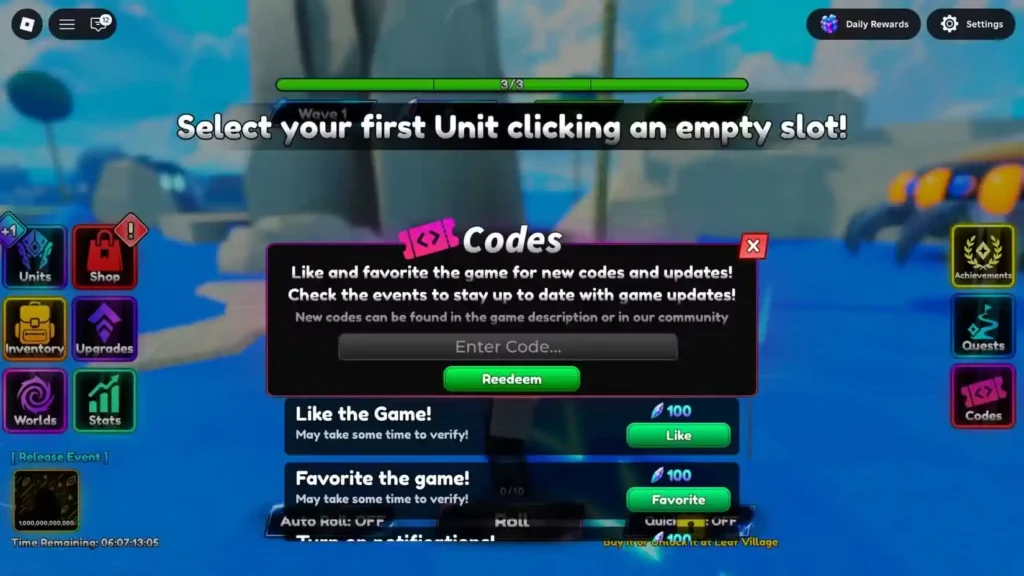 Anime RNG Defense Codes button location on Roblox screen
