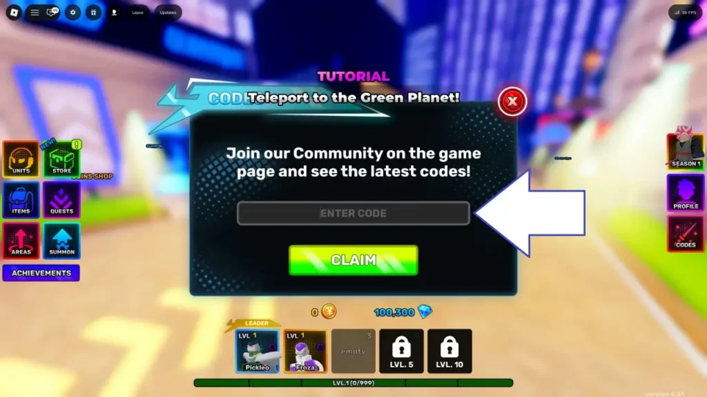 Anime Story 2 codes screen showing the redeem code input box