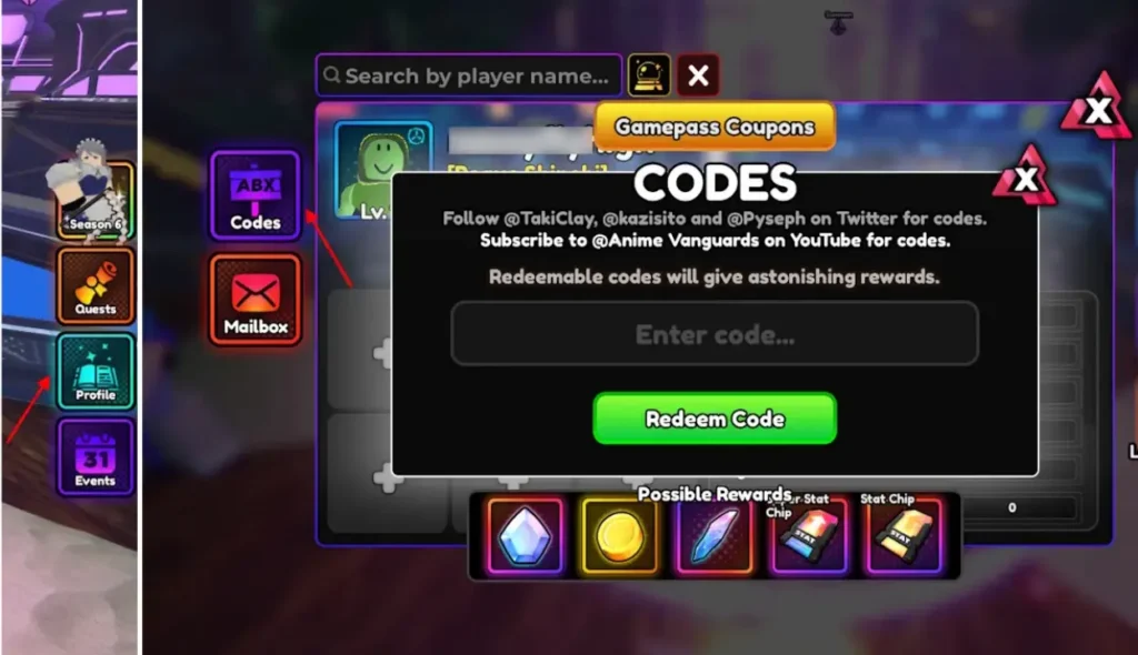 Anime Vanguards codes - Profile menu Codes button where players enter codes