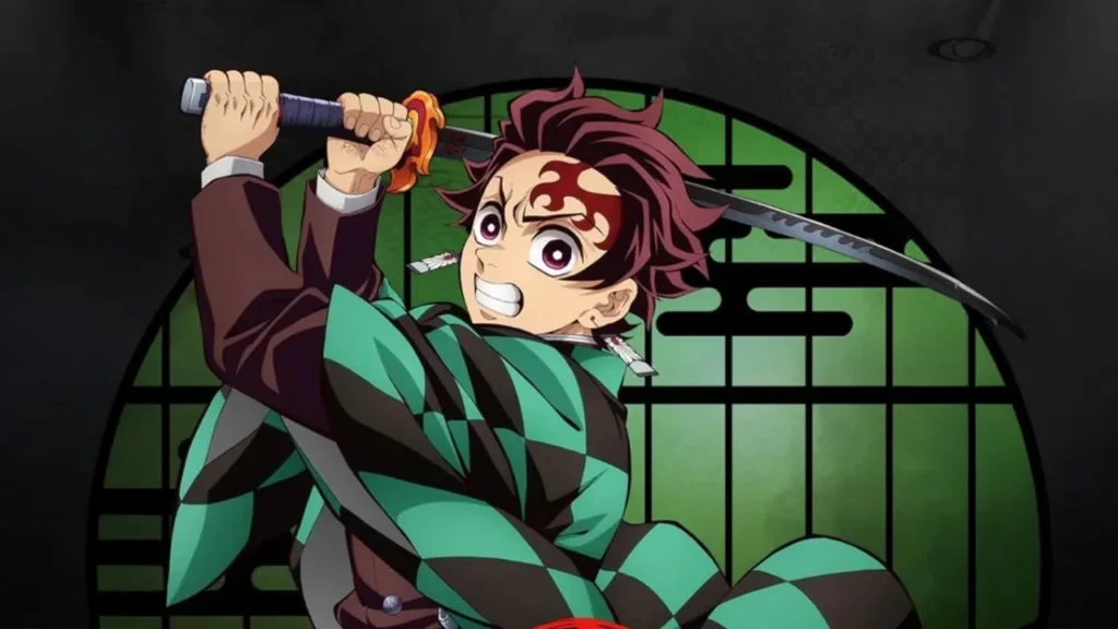 Tanjiro Kamado raises his katana in a battle stance before a green circular Japanese window.