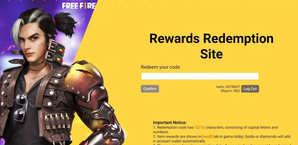 Free Fire redemption site login screen showing code entry field