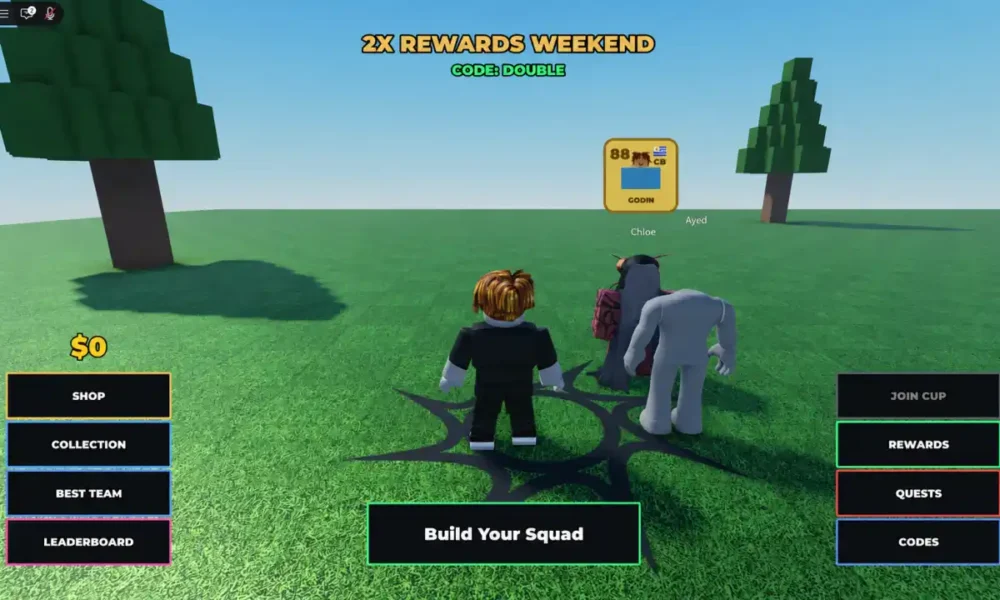 Build A Soccer Squad codes - active DOUBLE code banner in the Roblox lobby