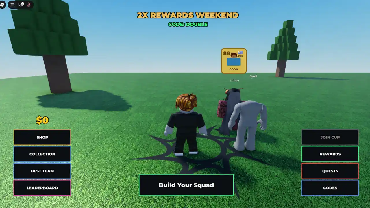 Build A Soccer Squad codes - active DOUBLE code banner in the Roblox lobby