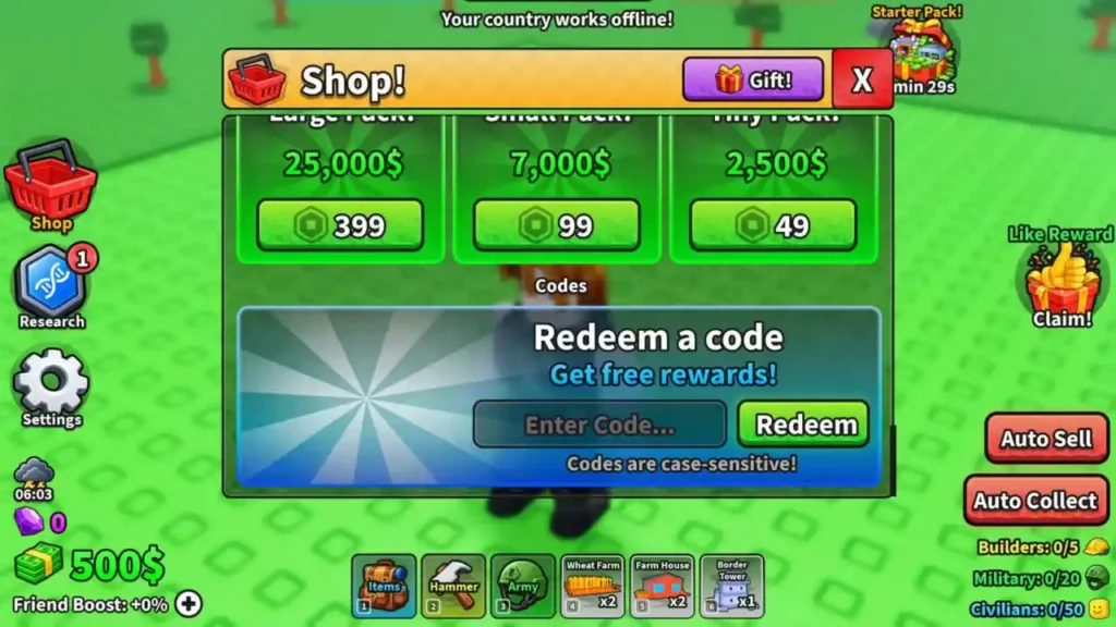 Mini War codes - Enter Code box in Shop menu
