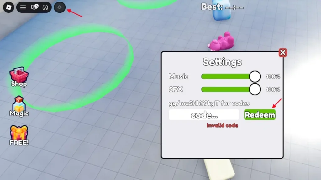 Clean the Squishies - code redemption text box and Redeem button
