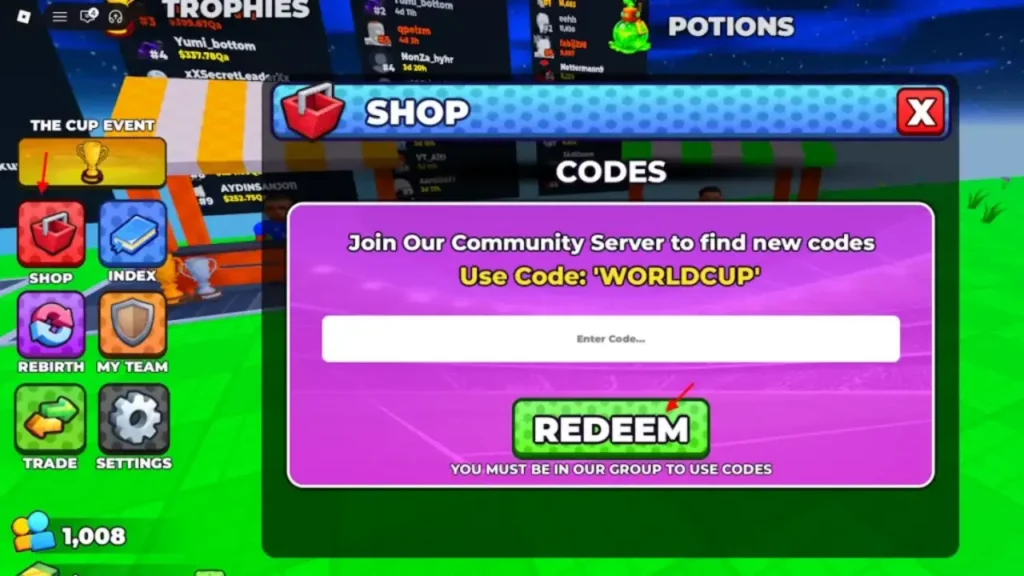 Make a Soccer Empire - Shop menu Codes entry box