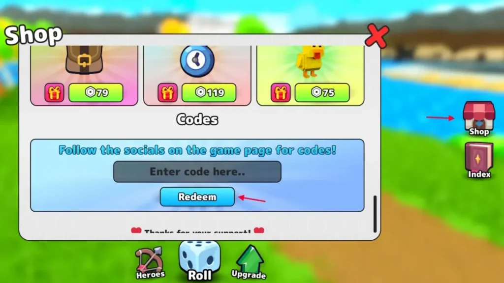 RNG Heroes Shop menu code entry box on Roblox