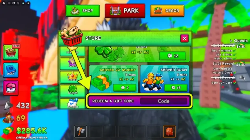 My Dino Park codes - redeem gift code box in Store menu