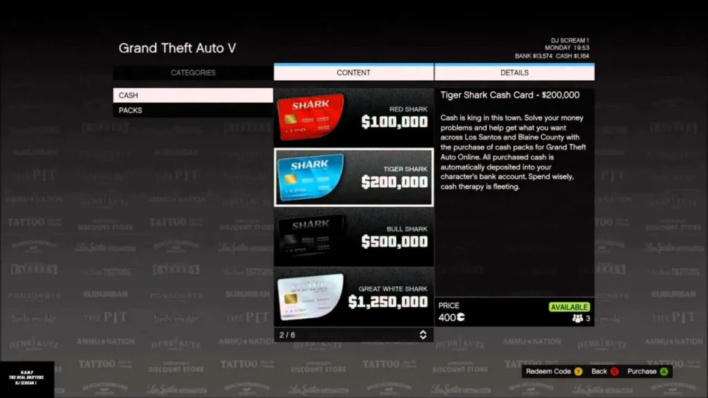 GTA Online Shark Cards monetization menu screenshot