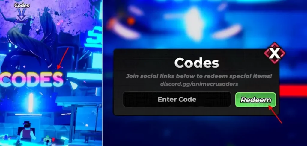 Anime Crusaders Roblox code redemption screen for claiming free rewards