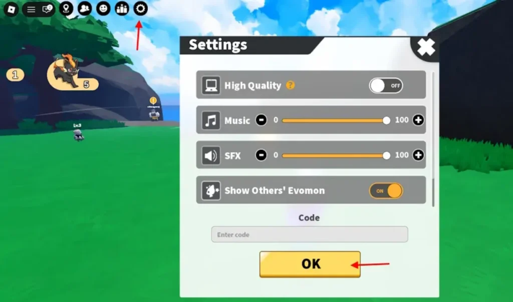 Evomon code entry box in the Settings menu on Roblox