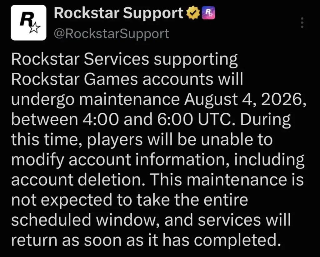 GTA 6 - Rockstar Games account maintenance notice screenshot