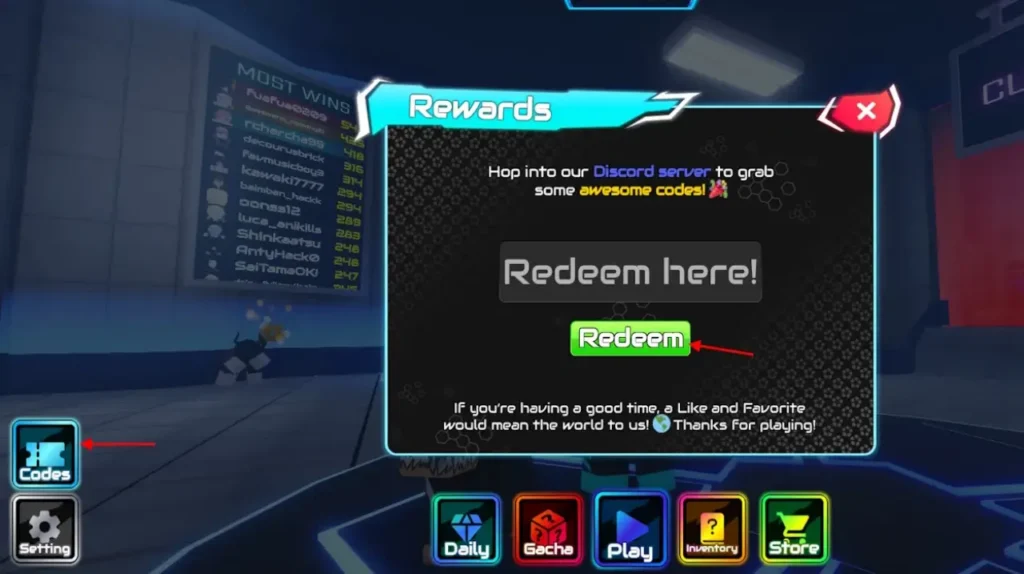 Project Egoist Roblox code redemption screen