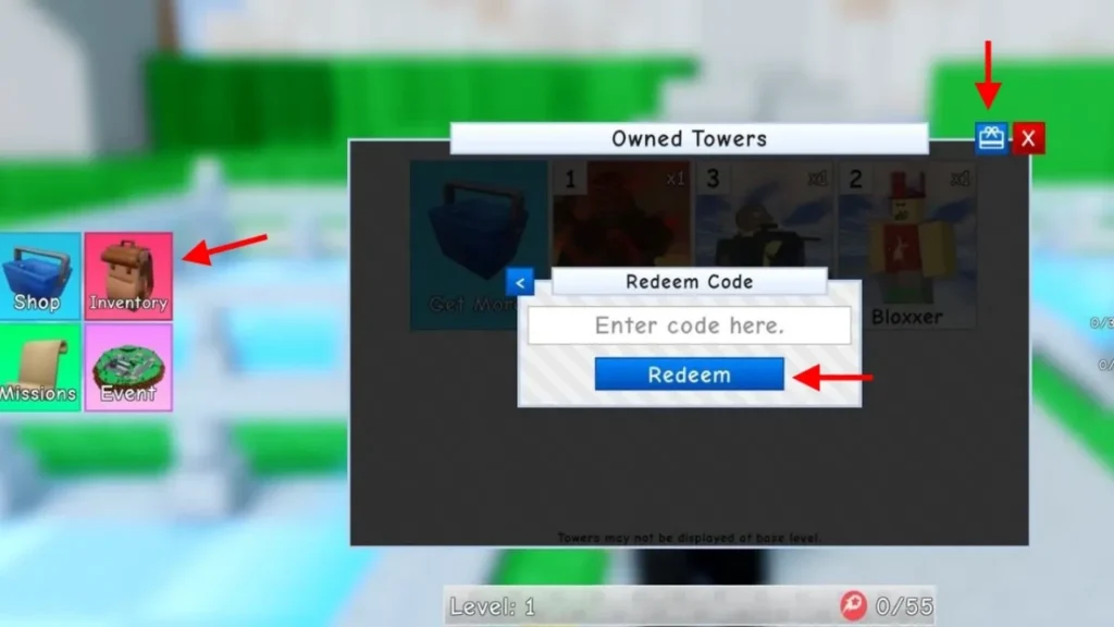 Retro Tower Defense Roblox code redemption screen