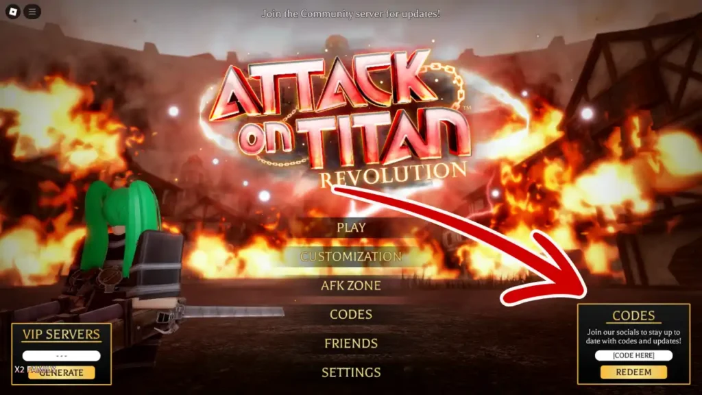 Attack on Titan Revolution Roblox code redemption screen
