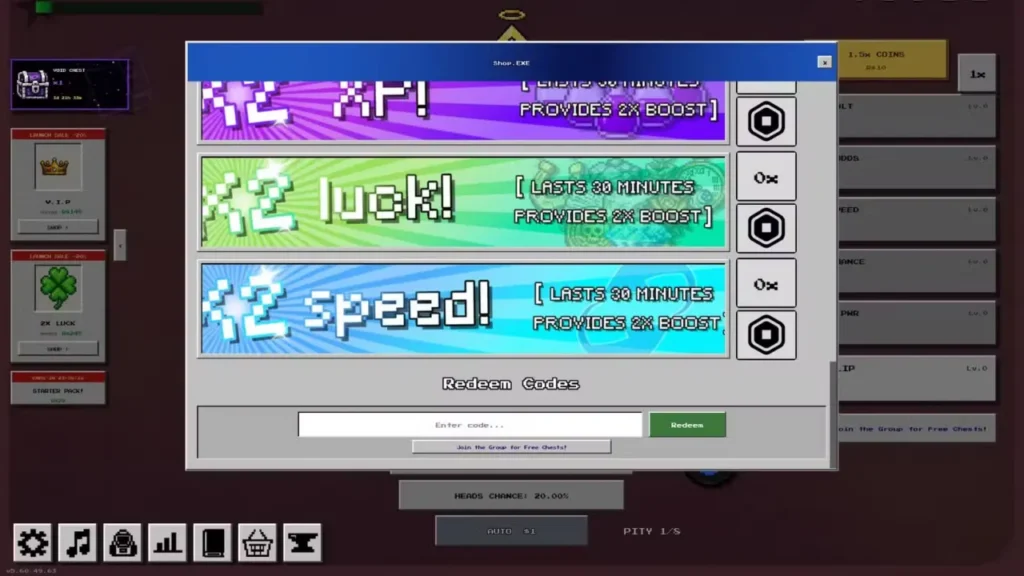 Coin Flip shop menu showing the code redemption box
