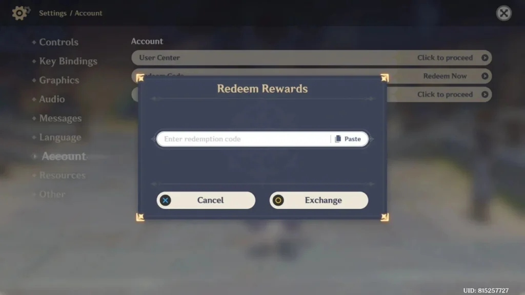 Genshin Impact 7.0 livestream codes redemption screen