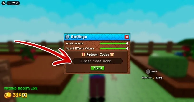 Grow a Garden 2 Settings menu showing code entry box