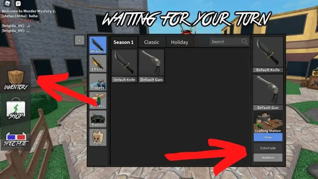 MM2 of The Locust codes — Murder Mystery 2 Inventory redemption menu for comparison