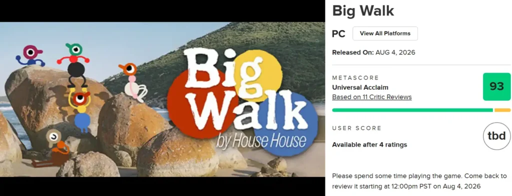 Big Walk Metacritic score screenshot showing 93 rating