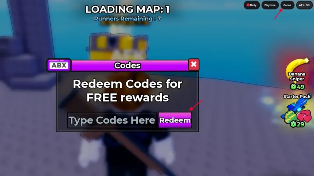 Snipers Vs Runners Roblox code redemption screen