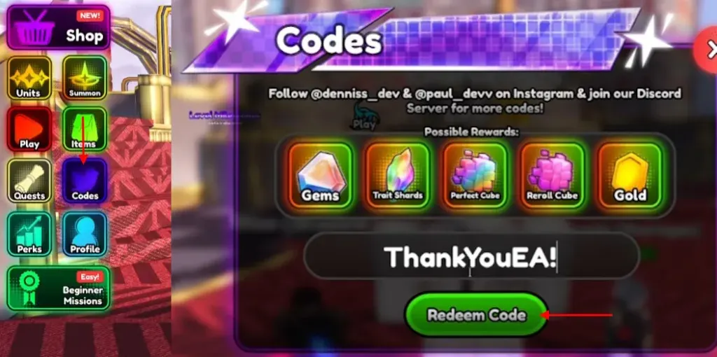 Anime Squadron codes menu on the left side of the Roblox lobby with the Redeem Code box open
