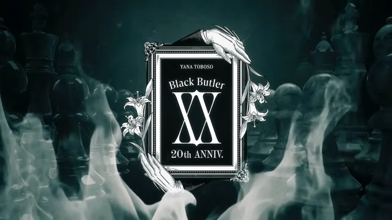 Black Butler 20th anniversary key art of Ciel Phantomhive and Sebastian Michaelis in formal wear against a dark Victorian backdrop, 2006–2026 commemorative visual