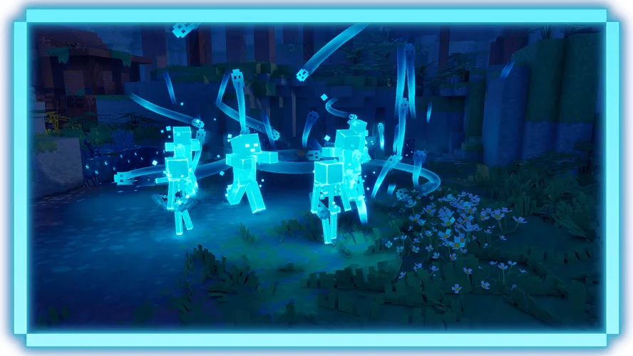 Minecraft Dungeons II — four-player co-op combat against a blue-charged enemy