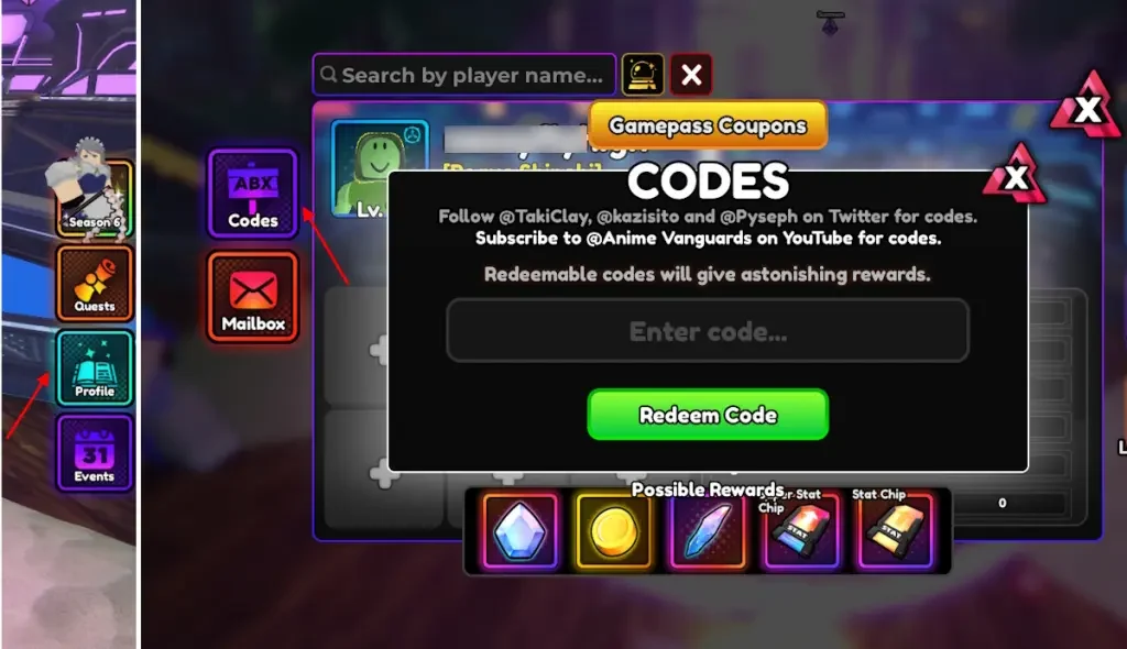 Anime Vanguards codes — Gems and Trait Reroll reward examples