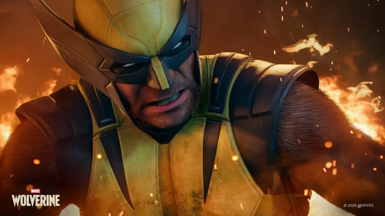 Logan popping adamantium claws in a ruined industrial yard, official Marvel’s Wolverine PS5 launch key art from Insomniac Games