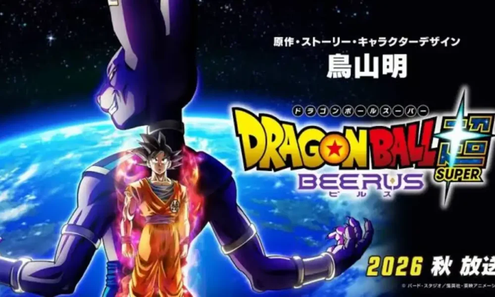 Dragon Ball Super Beerus key art of Goku facing the God of Destruction Beerus