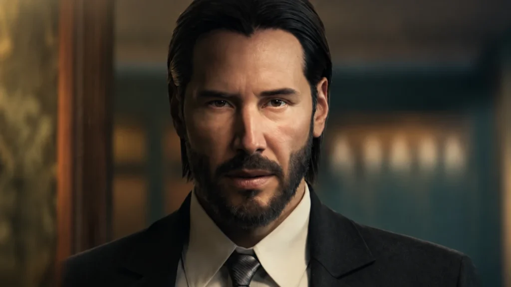 Keanu Reeves as John Wick with Saber Interactive and Lionsgate branding for the AAA third-person John Wick game on PlayStation 5, Xbox Series, and PC