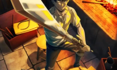 Overgeared anime key visual of Grid in legendary blacksmith armor standing in the VR world of Satisfy, October 2026 TV anime poster