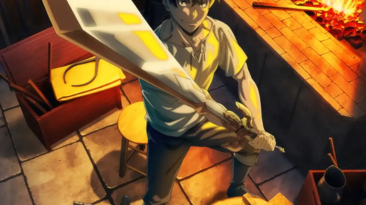 Overgeared anime key visual of Grid in legendary blacksmith armor standing in the VR world of Satisfy, October 2026 TV anime poster