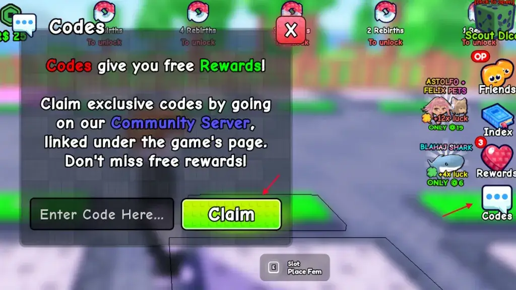 Spin a Fem - in-game Codes redemption menu