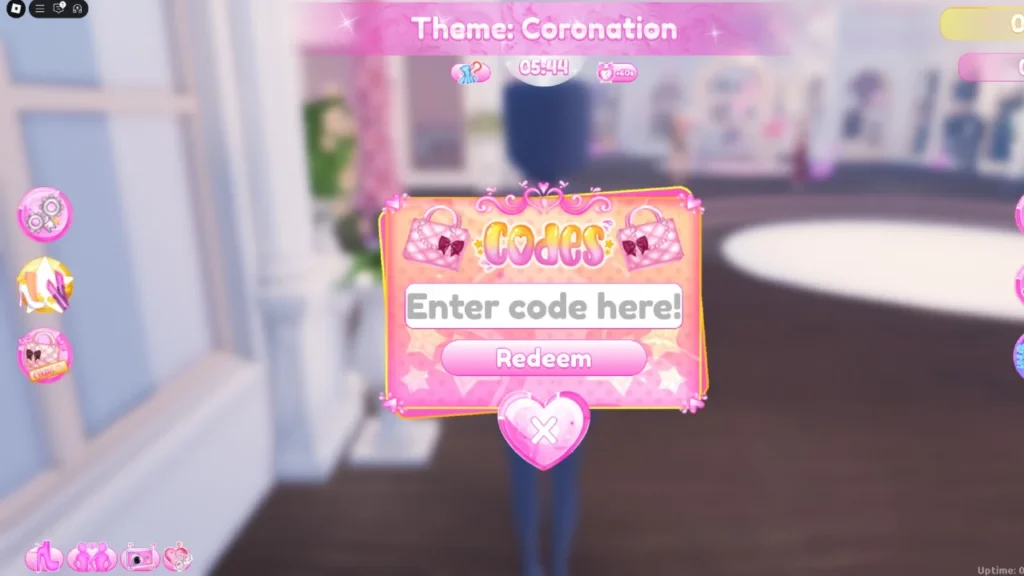 Dress to Impress - Codes redemption menu with handbag icon