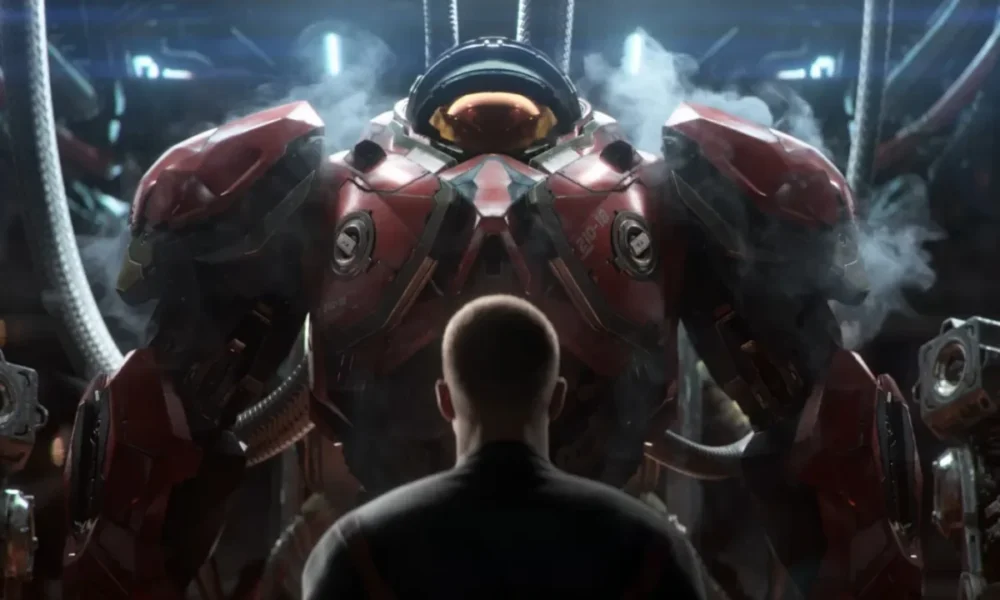 Terran Dominion marine in CMC armor facing a Zerg swarm at dusk, cinematic still from Blizzard’s StarCraft 2030 open-world shooter announcement trailer